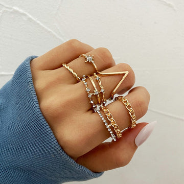 5pcs New Personality Golden Ring Creative Geometric Inlaid Rhinestone Girl and Lady Ring daiiibabyyy